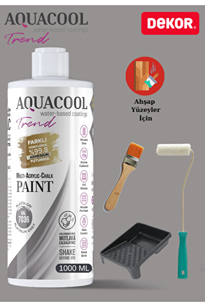 Aquacool Trend Aquacool 1000 ml Ahşap Dönüşüm Boyama Seti Kadife Rulo, Boyacı Tavası, Fırça Ral 7036 Dolap Boyası