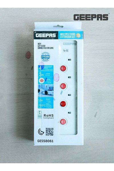 Geepas 4-way Extension Socket with Individual Switches Fire Proof Protection/ 3-meter Cord, Ideal fo