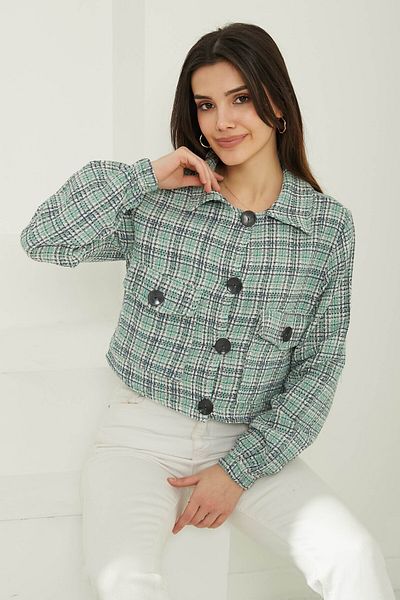 TOFİSA Women's Shirt Collar Buttoned Chanel Jacket Green - 13361