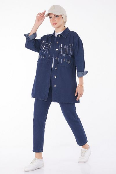 TOFİSA Blue Jewelled Plain Shirt Collar Double Set for Women - 25366
