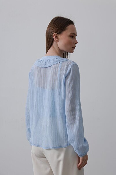 Le Savu Cămașă SHILSEE FEMEIE BABY BLUE CU DETALII DE VOLANE CU BLUZĂ INTERIOR TRANSPARENTĂ