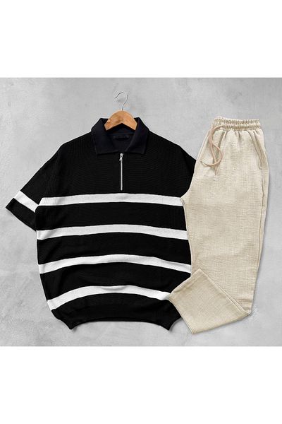 viperkombin Polo Neck Half Zipper T-Shirt and Linen Trousers Summer 2-Piece Combination