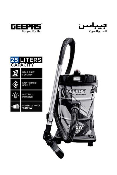 Geepas Drum Vacuum Cleaner Dry & Blow Function, Multi-Filtration System, 25L 2300W GVC2598N Black/Gr