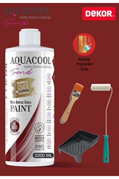 Aquacool Trend Aquacool 1000 ml Ahşap Dönüşüm Boyama Seti Kadife Rulo, Boyacı Tavası, Fırça Ral 3011 Dolap Boyası