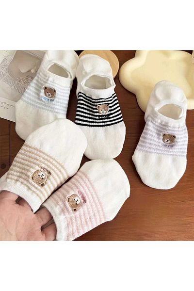 HTC SOCKS 5 Pairs Women's White Teddy Bear Pattern Ballerina Socks Teddy Invisible Socks Anti-Sweat Cotton