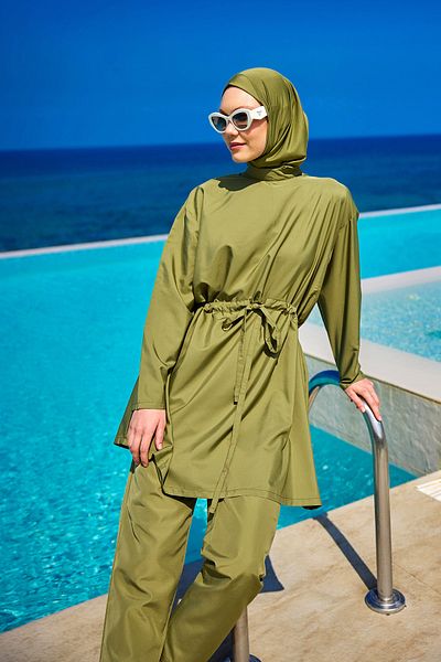 A Andalus Fully Covered Hijab Swimsuit with Hidden Zipper and Drawstring Detail A2502-5
