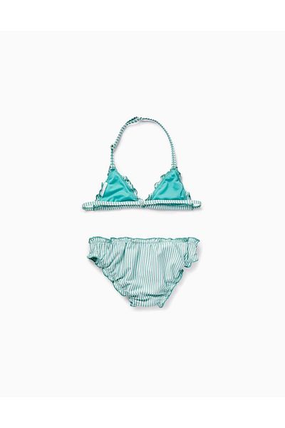 Ziddy Striped Bikini with Ruffles for Girls, Green/White
