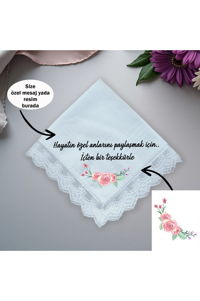 CHIMARIVA Kişiye Özel Mesajlı Kadın Mendili-Kişisel Mesaj ve Görsel Eklenebilir, Dantel İşlemeli