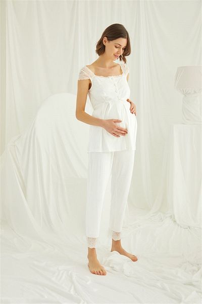 Lohussa Women's Special Design Lace Front Buttoned Maternity Maternity 3-Piece Pajama Set