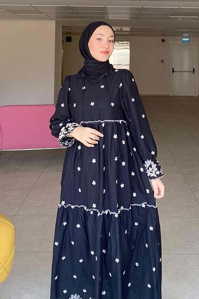 lamelif Φόρεμα Hijab Κέντημα Λουλούδι Μαύρο