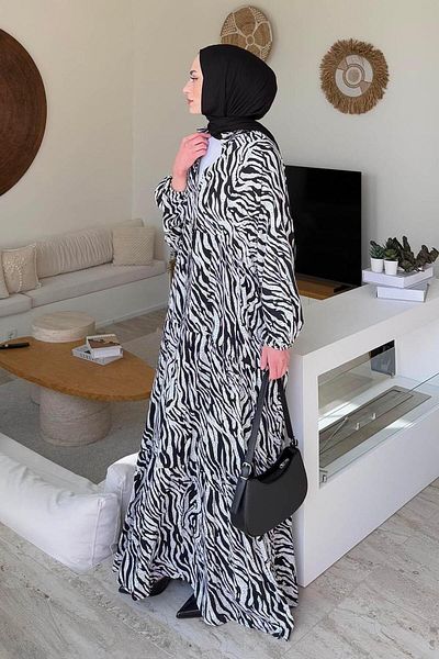 lamelif Φόρεμα Hijab με μανίκια με στάμπα ζέβρας μαύρο
