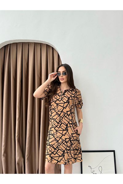 LİMABEL Women's Shirt Collar Beige Short Dress Summer Print Dress Beige Dress