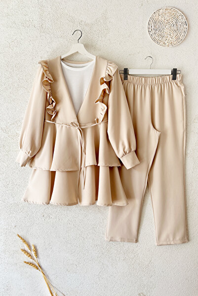 MODAQU Frilly Rope Belted Tunic Trousers Set - Beige