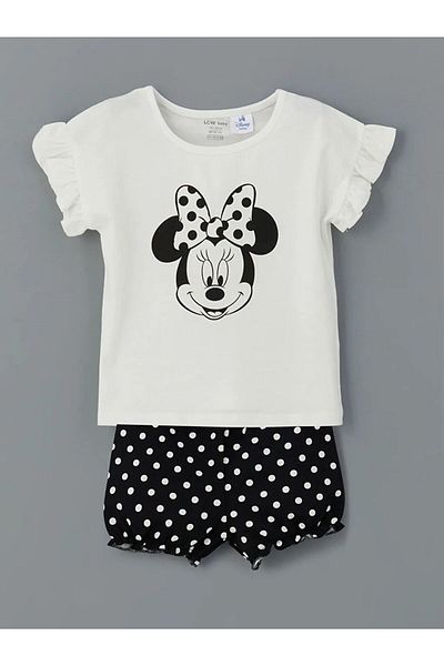 LC Waikiki Lcw Baby Ecru Minnie Mouse Printed Baby Girl Blouse and Shorts 2-Pack