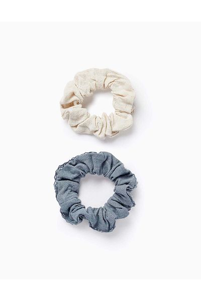 Ziddy Pack of 2 Scrunchie Hair Ties for Baby and Girl, Blue/Beige