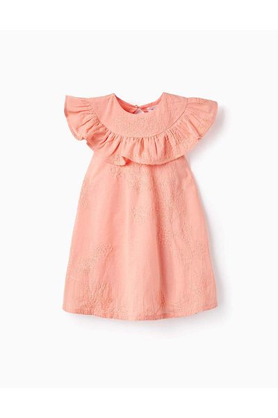 Ziddy Cotton Dress with Embroidery and Ruffles for Baby Girls, Coral