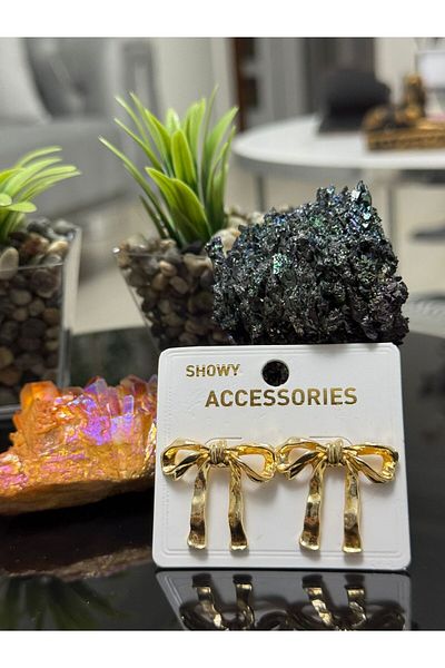 Asef Hediye Gold Color Ribbon Model Stainless, Tarnish-Free Steel Earrings