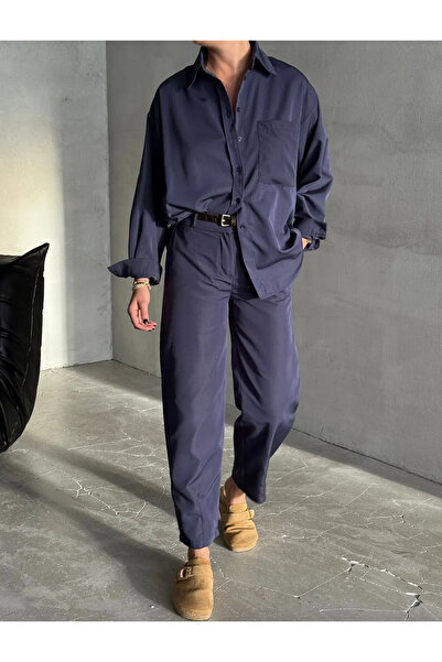 My Blog Sötétkék Marlin öves ing nadrágkosztüm - 8453