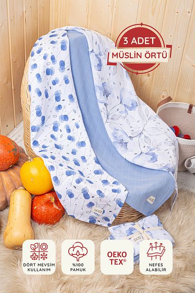 LUCKKA طقم غطاء موسلين مطبوع رقمي 3 قطع - 75x75 سم - Zt5000