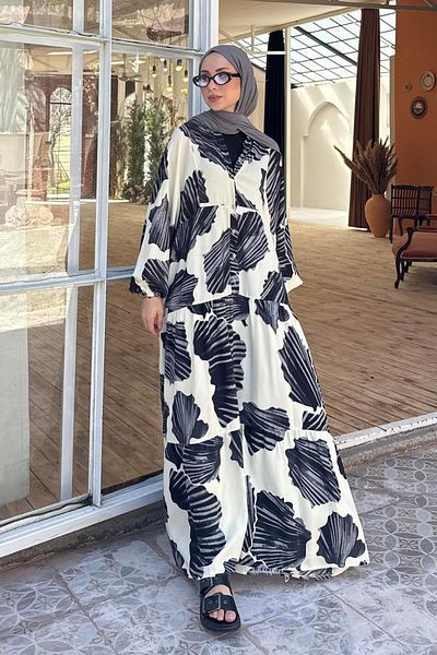 lamelif Κρέμα φόρεμα Hijab με έθνικ μοτίβο με νυχτερίδα