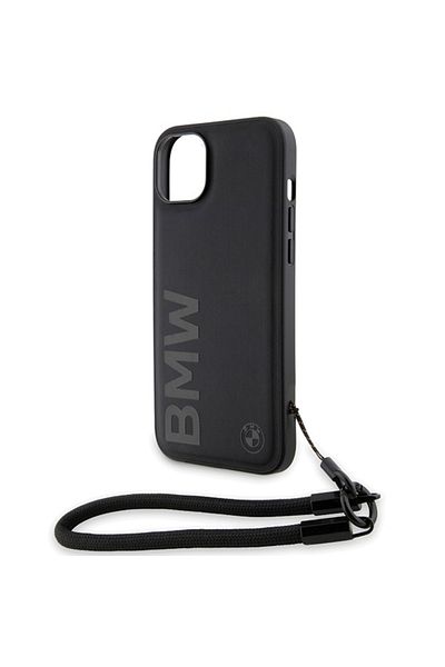BMW IPhone 15 Plus Case, Signature Leather Wordmark Cord, BMW - Matte Black