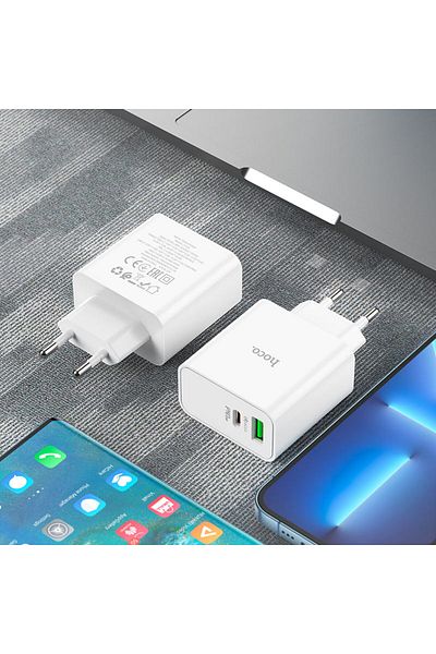 REDz Accessories Încărcător de rețea cu două porturi, Hoco C113a, USB tip C, Qc3.0 și PD65w, alb