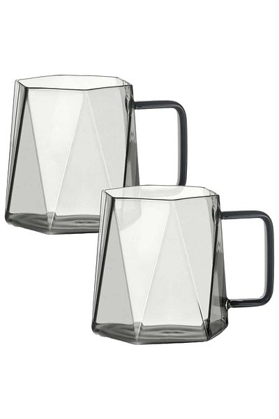 Quasar & Co. Set of 2 Mugs, Diamond Model, Glass, 2x450 Ml, Anthracite Grey