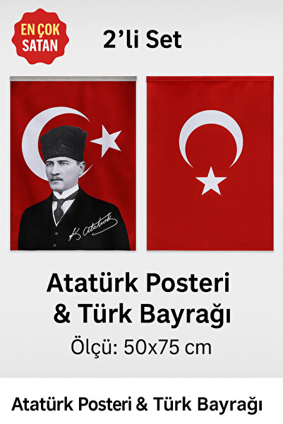ÇELİKONLİNE Atatürk Posteri 50x75 Cm Ve Türk Bayrağı Raşel Kumaş 50x75 Cm