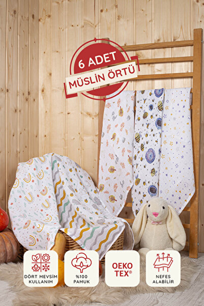 LUCKKA Dijital Baskılı 6'lı Çok Amaçlı Müslin Örtü Seti - 75x75 Cm- Ztc100