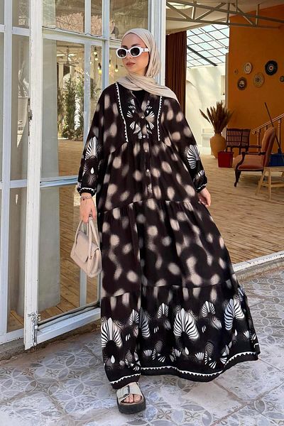 lamelif Φόρεμα Hijab με έθνικ μοτίβο με νυχτερίδα Bitter Brown