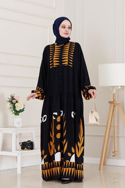 Sevitli Half Button Robe Hülya Dress-Black