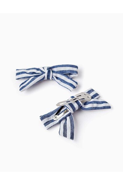 Ziddy Pack of 2 Hair Clips with Striped Bows for Baby Girls, White/Blue