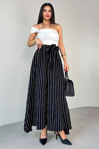 Cappmoda Pnt-07411 Black Striped Woven Baggy Skirt Trousers