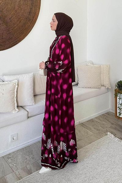 lamelif Φούξια φόρεμα Hijab με έθνικ μοτίβο με νυχτερίδα
