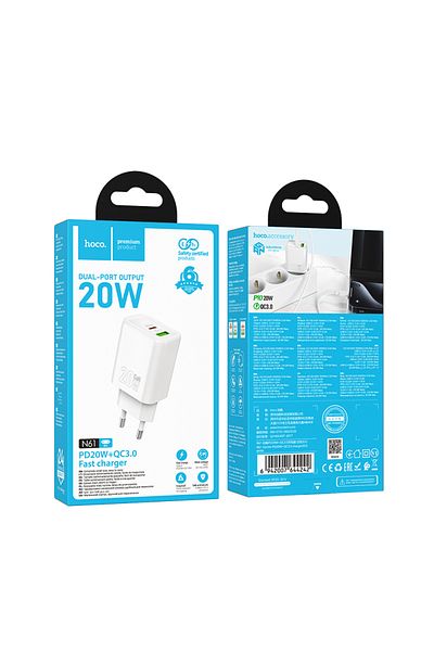 REDz Accessories Adaptor de alimentare Hoco N61, port USB Type-C, încărcare rapidă 20w, tehnologie GAN, alb