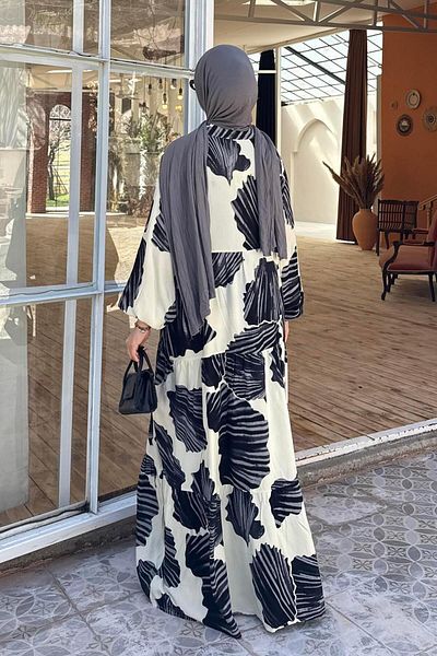 lamelif Κρέμα φόρεμα Hijab με έθνικ μοτίβο με νυχτερίδα