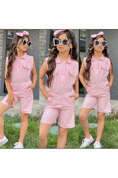 zeynoshkids Kız Çocuk Tulum-Kemer-Bandana Şortu Astarlı 3'lü Bayramlık Kombin