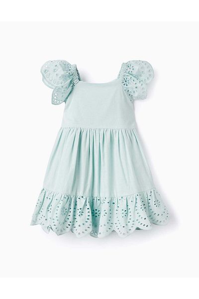 Ziddy Cotton Dress with Broderie Anglaise for Baby Girls, Aqua Green