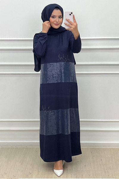 Elele Women's Serel Large Size 2 Thread Combination Navy Blue Dress