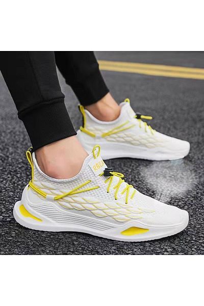 Muchmy Men Sneakers Lace Closure Outdoor Sports Running Walking White Yellow Sneakers