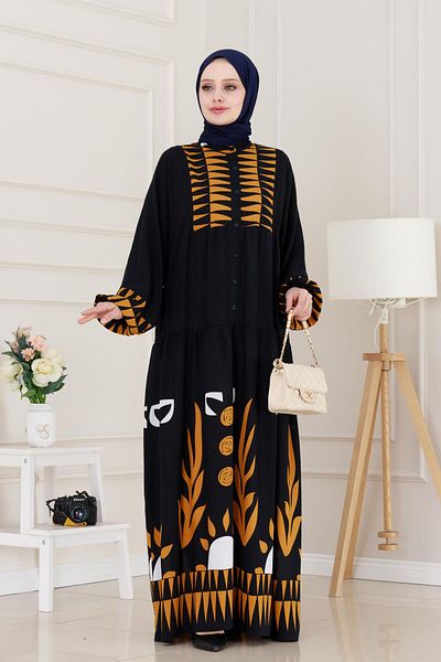 Sevitli Half Button Robe Hülya Dress-Black