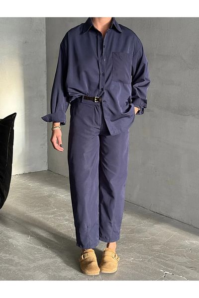 My Blog Navy Blue Marlin Belted Shirt Trousers Suit - 8453