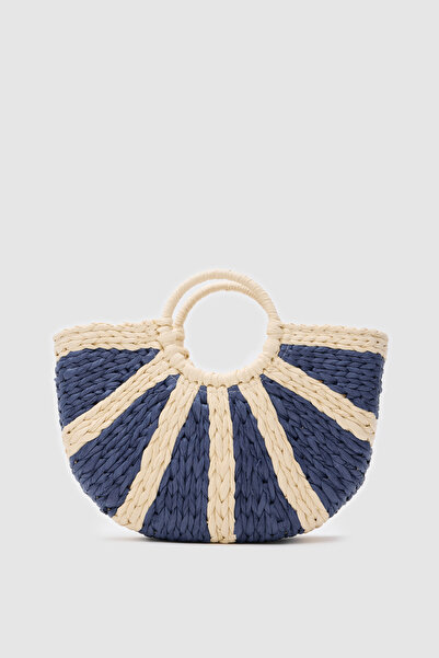 OGGO مقبض محبوك من القش باللون الأزرق الداكن كبير الحجم، حقيبة يد وحقيبة كروس