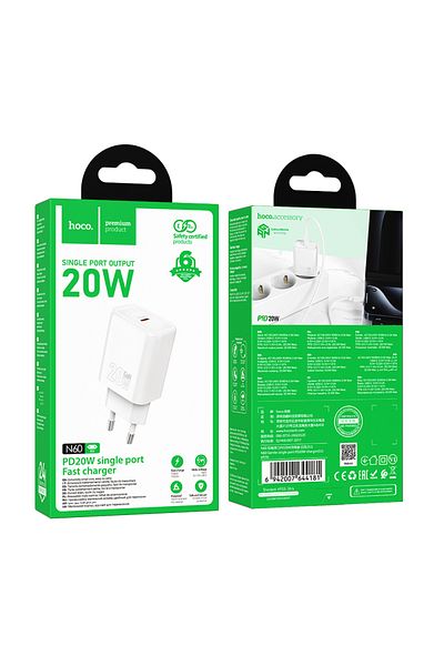 REDz Accessories Adaptor priză HOCO N60, port Type-C, încărcare rapidă 20W, tehnologie GaN, alb