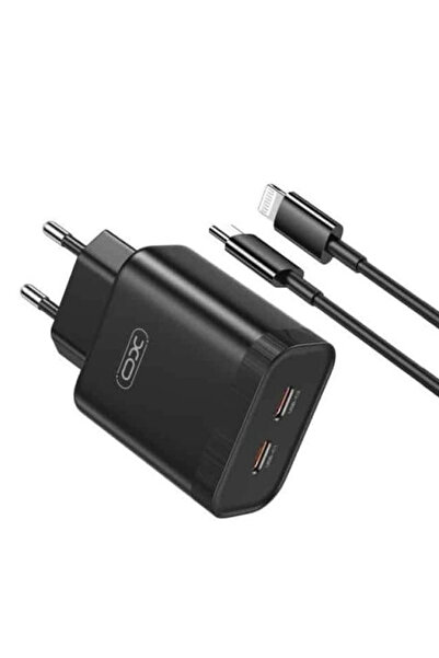 REDz Accessories Adaptor și cablu Lightning XO-L105 pentru iPhone, încărcător dual Type-C, încărcare rapidă 35W, negru