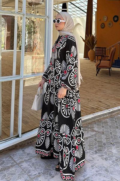 lamelif Φόρεμα Hijab με έθνικ μοτίβο μανίκι μαύρο