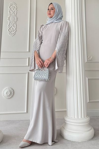 InStyle Cut Sleeve Detail Stone Stone Evening Dress