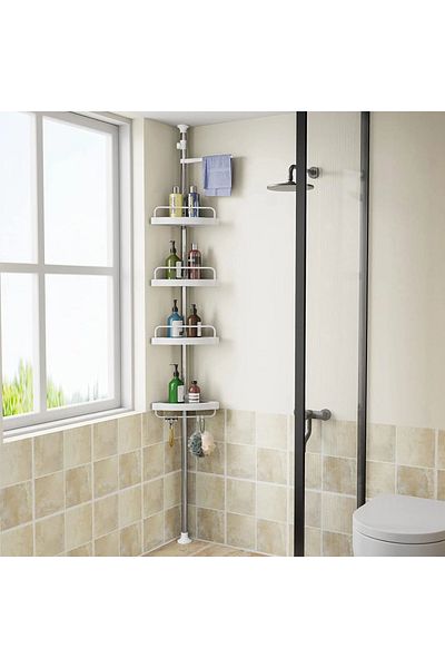 NEXTLY Extendable bathroom shelf with 4 shelves and hanger, NEXTLY, bathroom corner, 3 hooks