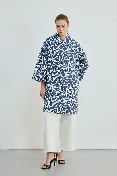 Gusto Navy Blue Patterned Cotton Kaftan
