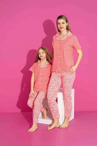 Tarık Mother Daughter Combination Short Sleeve Shirt Long Bottom Lycra Combed Cotton Fabric Medium Thick Pajama Set-